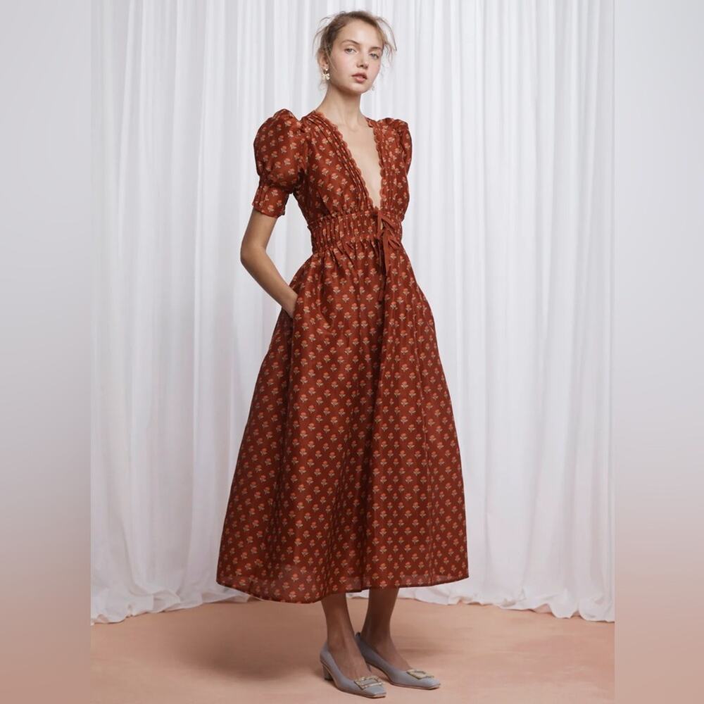 Lovaan Boehm Linen-Silk Puff-Sleeve V-Neck Midi Dress
